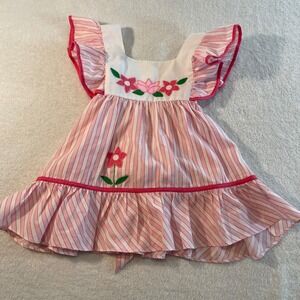 Vintage Cradle Togs Pink White Striped Floral Applique Ruffle Sun Dress Tie Back